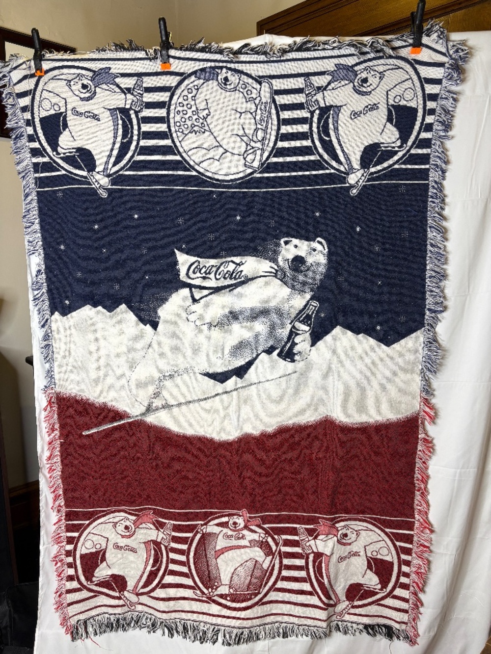 Vtg Coca-Cola Polar Bear Knit Tapestry Throw Blanket Afghan Skiing Coke 57"x 48"